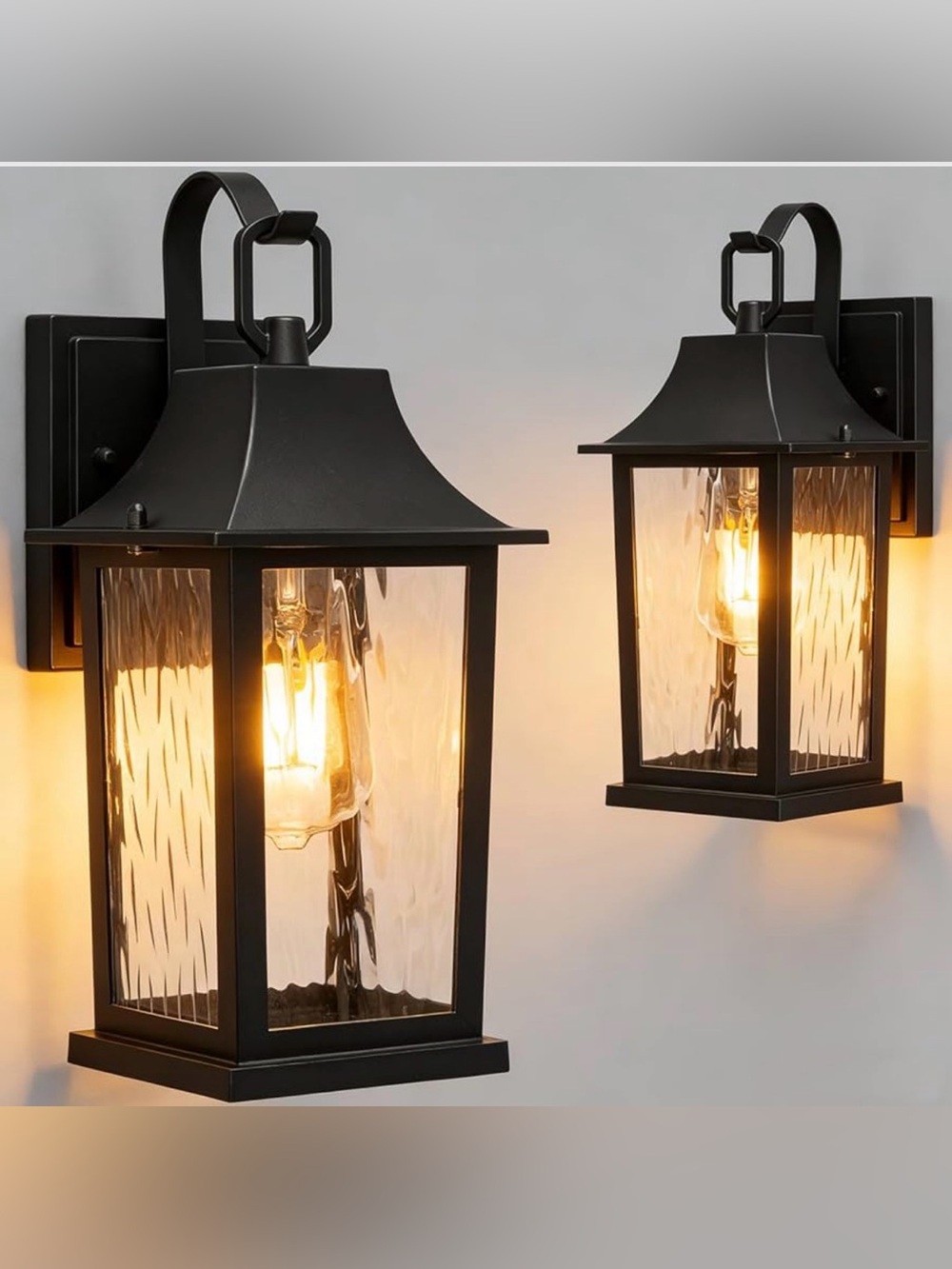 2-Pack 13'' Matte Black Outdoor Wall Sconce, Rustproof Water Pattern Glass